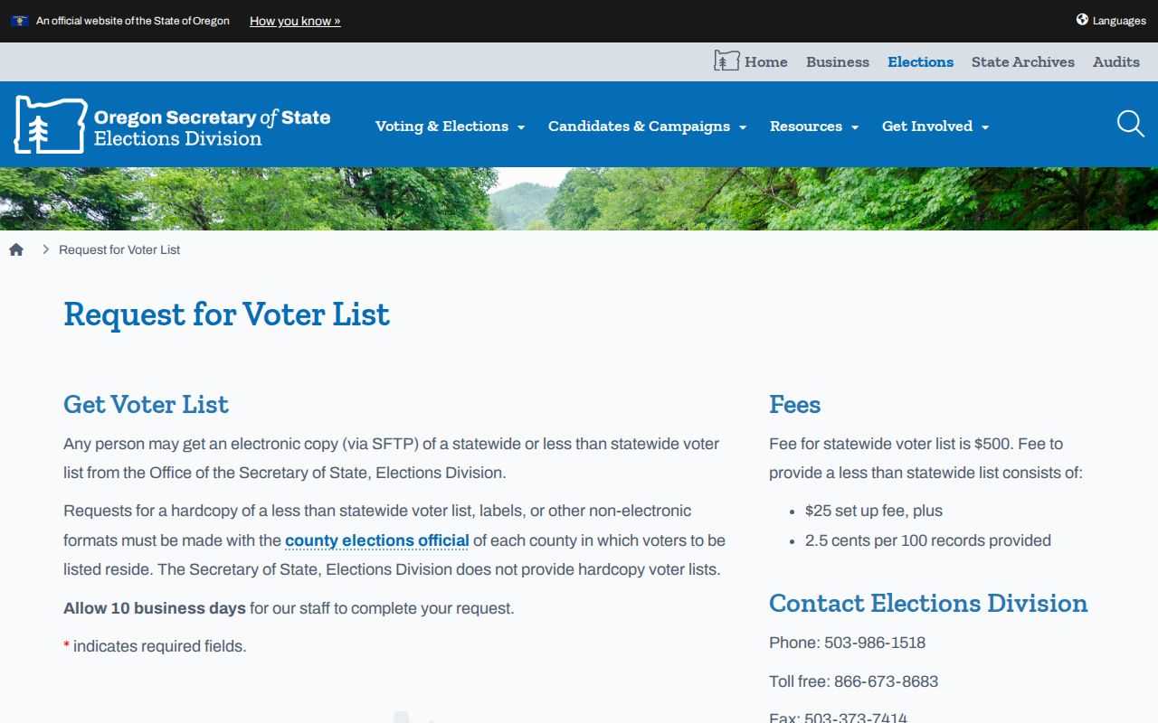 Springfield residents directory Oregon voter list request